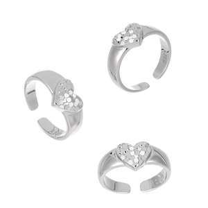 Polished S925 sterling silver heart open ring shown from three professional angles