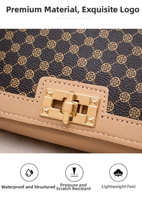 Detail of printed crossbody bag with golden metal lock and textured leather fabric pattern