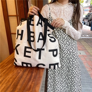 Canvas Tote Bag Large Capacity Letter Print Women Shoulder Handbag Korean Style Casual Commuting Shopping Tote