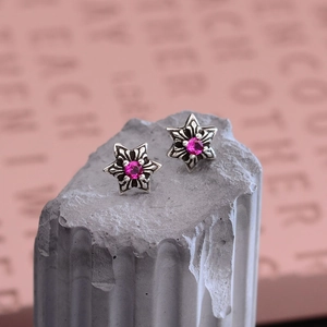 Punk vintage hexagram stud earrings with pink zircon and silver oxidised metal finish