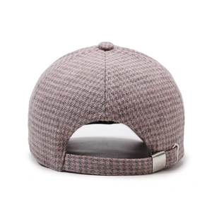 Rear view of pink and grey checkered baseball cap with adjustable metal buckle strap