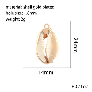 Detailed view of a gold-plated cowrie shell pendant with dimensions 24mm x 14mm