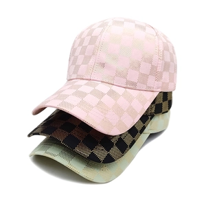 Unisex checkered baseball caps with metallic foil print in pink, black, and green colors