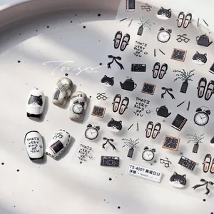 3D embossed nail stickers featuring black cat and vintage lifestyle motifs on a matte finish