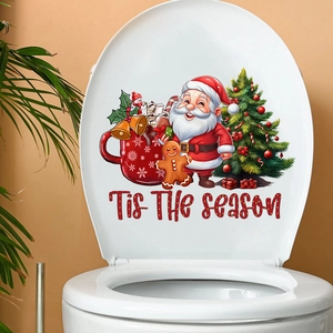 Festive Christmas toilet seat decal with Santa, gingerbread man and seasonal art lettering