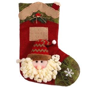 Large Christmas stocking with 3D Santa Claus figure, red and green burlap gift bag