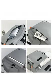 Detail view of large gray travel backpack showing internal pockets and reflective safety strips