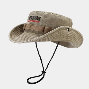 Washed wide brim khaki sun hat with offshore embroidery for outdoor camping