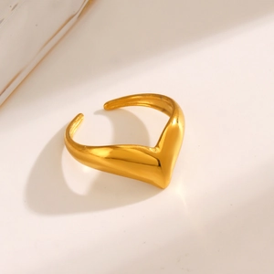 Minimalist gold V-shaped open ring for women with a polished stainless steel finish