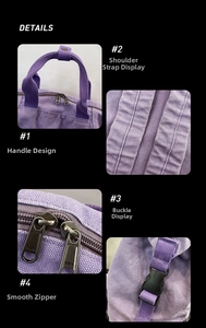 Close-up of durable purple canvas backpack details including webbing handle and SBS zippers