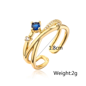 Detail view of gold geometric ring with blue zircon and 1.8cm diameter specifications