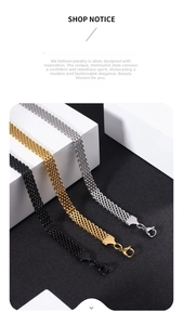 Detailed view of woven mesh bracelets in silver, gold, and black with lobster clasps