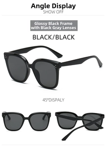 Multi-angle views of large square black frame sunglasses with grey lenses and silver studs