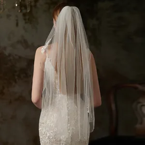 90cm white bridal veil with lace embroidery and hair comb for wedding photography