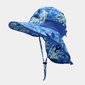 Close-up of kids sun hat with neck flap, blue ocean print, and breathable mesh fabric