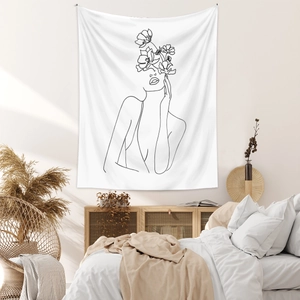 Minimalist black line art wall tapestry featuring a woman silhouette with flowers
