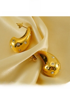 Close-up of 18K gold water drop titanium earrings with sparkling white zircons
