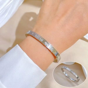 Macro shot of silver titanium steel bangle featuring engraved Roman numerals on the surface