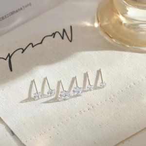 Set of five pairs of minimalist square cut zircon sterling silver stud earrings for women