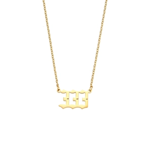 Detailed close-up of a gold stainless steel necklace featuring a gothic 333 number pendant