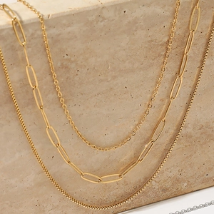 Three-layer gold-plated stainless steel necklace set with paperclip and curb chain styles