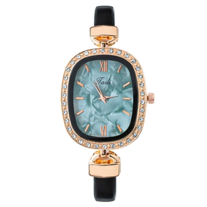 Elegant ladies oval watch with gold rhinestone case, green dial and slim black leather strap
