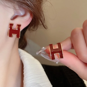 Vintage H-letter red enamel stud earrings with gold finish plating for women