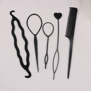 Detailed set of 5 black plastic hair styling tools including pull hair pins and comb