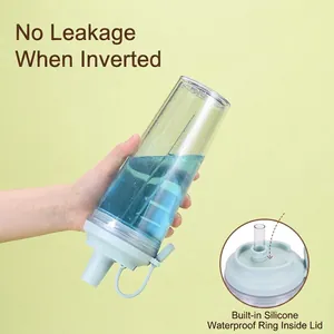 Leak-proof double-layer plastic straw cup with blue lid and built-in silicone sealing ring