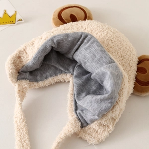 Winter plush baby earflap hat with bear ears and chin straps in beige faux shearling