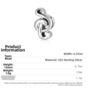 Macro shot of 925 sterling silver music G-clef charm with size and weight dimensions