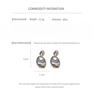 Detailed chart showing alloy earring dimensions of 3.6cm by 1.7cm and weight 12.3g