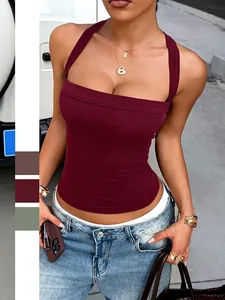 Débardeur En Maille Côtelée Pour Femmes Sexy Coupe Ajustée Dos Nu Croisé Caraco Y2K Été Haut Sans Manches