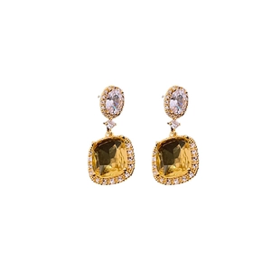 18K gold plated square drop earrings with yellow crystals and sparkling rhinestones