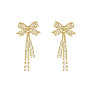 Elegant S925 silver needle pearl bow earrings with gold tassels and cubic zirconia