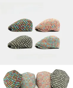 Detailed view of woven geometric patterns and textures on vintage ethnic ivy caps