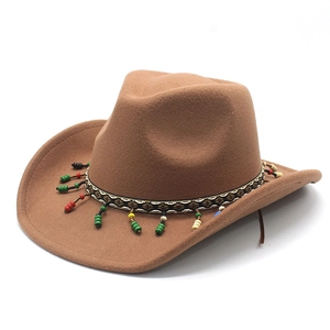 Brown western cowboy wool felt hat with colorful wooden beads and jacquard ribbon