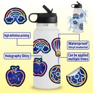 Holographic waterproof vinyl stickers featuring neon patterns applied to a white water bottle