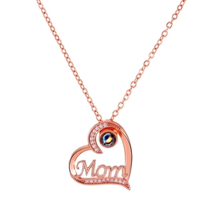 Rose gold heart projection necklace with Mom lettering and decorative sparkling crystals