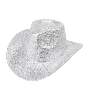 Close-up of silver sequin cowboy hat showing reflective texture and wide brim detail