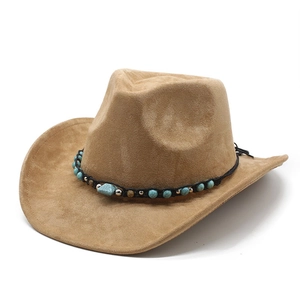 Beige faux suede western cowboy hat with turquoise beaded band on white background