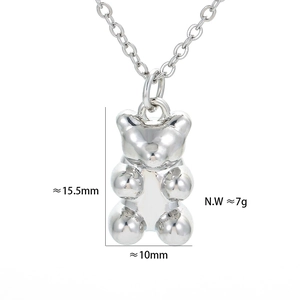 Polished silver bear pendant necklace with minimalist chain for women, 15.5mm charm