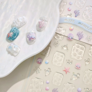 3D embossed ocean nail art stickers with starfish, seashell, and water ripple designs