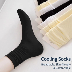 Breathable cooling nylon ribbed crew socks for women in black white and beige colors