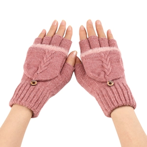 Guanti convertibili in maglia a trecce rosa per donna con bordo in peluche e bottoni