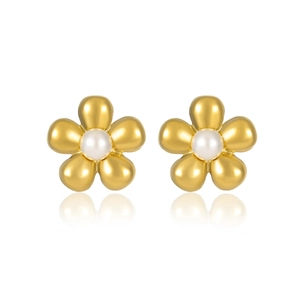 18K gold plated stainless steel flower earrings with pearls and polished finish