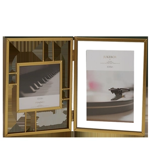 Minimalist gold metal double folding picture frame with 4x4 and 4x6 inch display slots