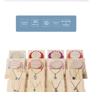 Macro detail of natural solid wood jewelry display stands with ladder-style base design
