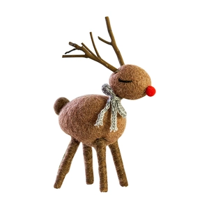 Handmade brown felt Christmas reindeer figurine with red nose and branch antlers