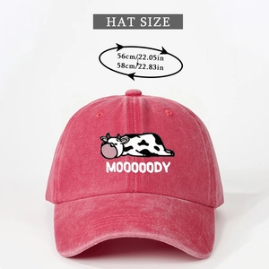 Detailed size guide for pink washed cotton baseball cap with cow motif and moody text